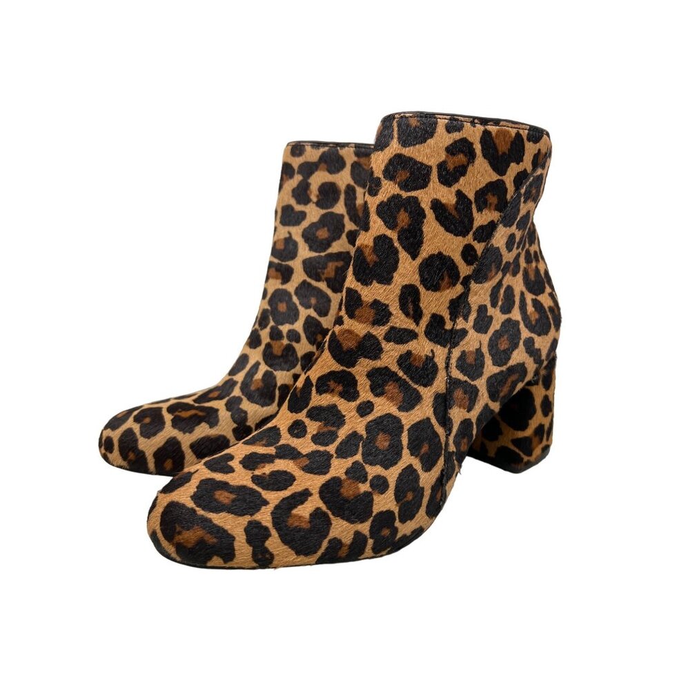 INC Calf Hair Ankle Boots Size 7 Tan Black Leopard Print Block Heel Zipper